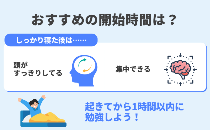 おすすめの勉強開始時間：しっかり寝た後の頭がすっきりした状態で集中して勉強