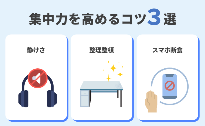 集中力向上のための実践法：静けさの確保、デスクの整理、スマホを使わない習慣