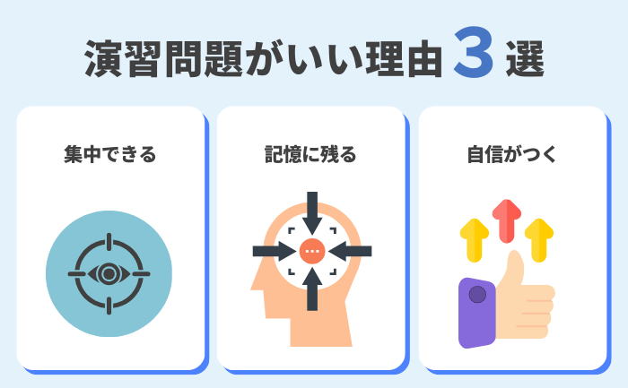 演習問題が効果的な理由：集中力の向上、記憶に残りやすく、自信がつく