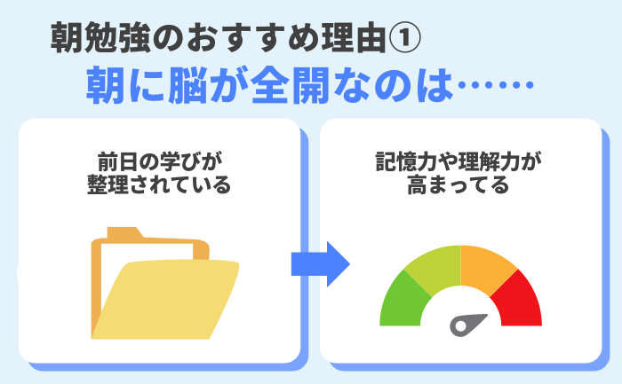 朝勉強をおすすめする理由：朝に脳が最も活発で、前日の学びが整理され、記憶力と理解力が向上する