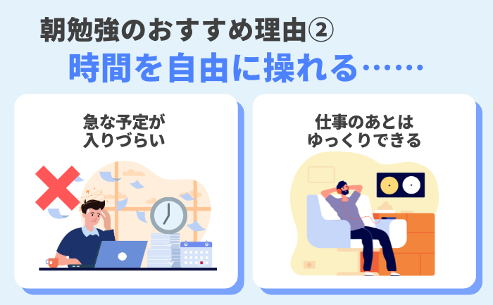 朝勉強のおすすめ理由：時間を自由に使え、急な予定が入りづらく、仕事後にリラックスできる